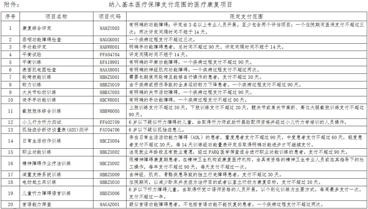 納入基本醫(yī)療保障支付范圍的 醫(yī)療康復(fù)項目