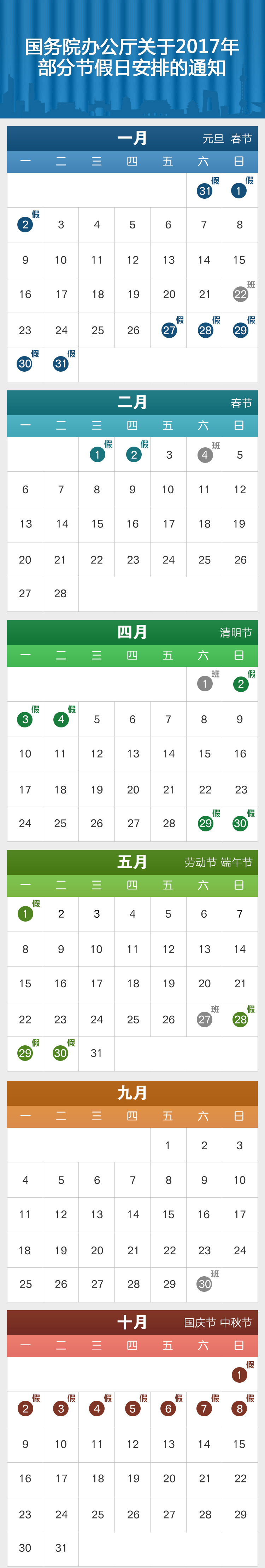 國辦發(fā)明電〔2016〕17號《國務(wù)院辦公廳關(guān)于2017年部分節(jié)假日安排的通知》【附日歷圖示】