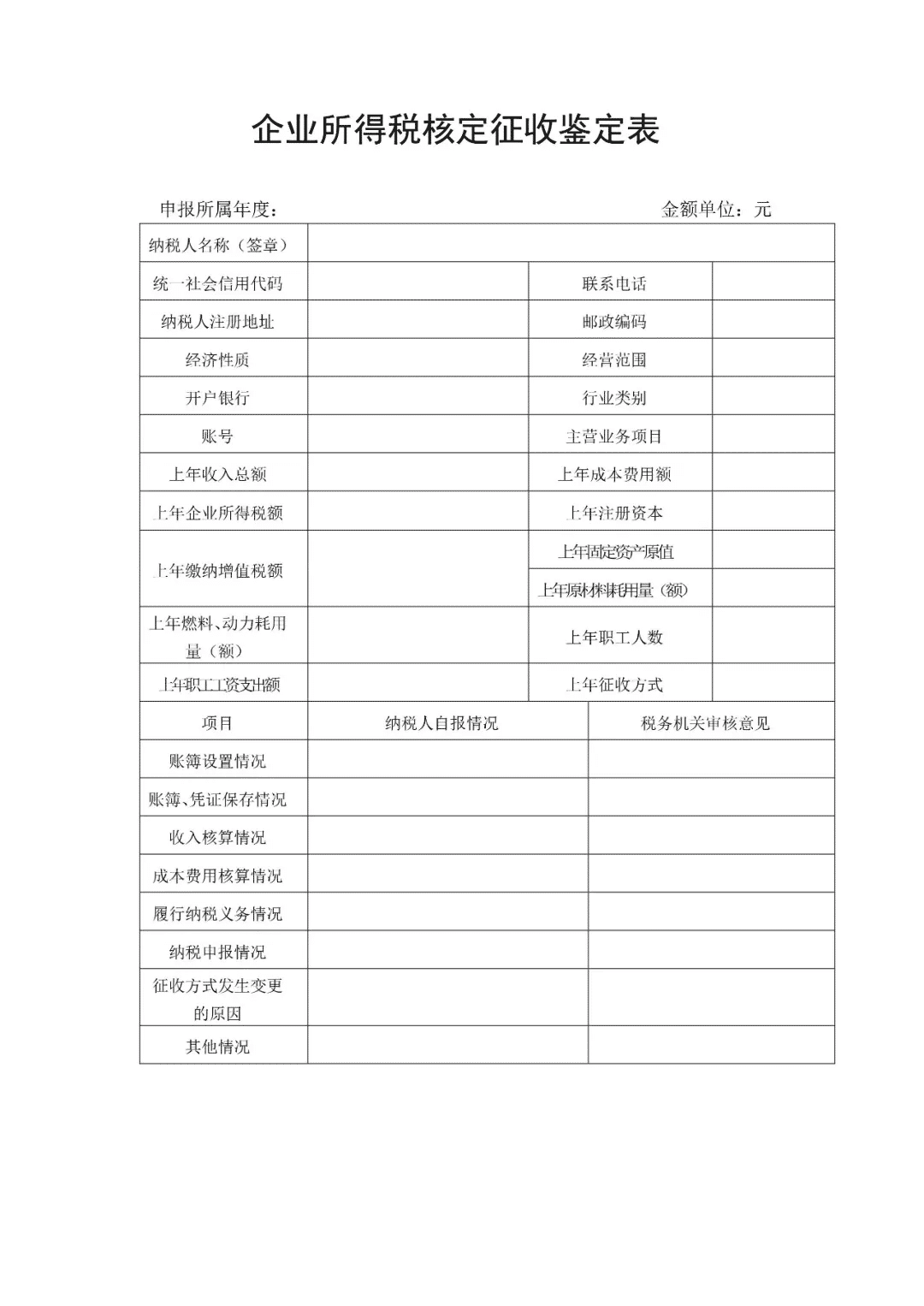 企業(yè)所得稅核定征收鑒定表